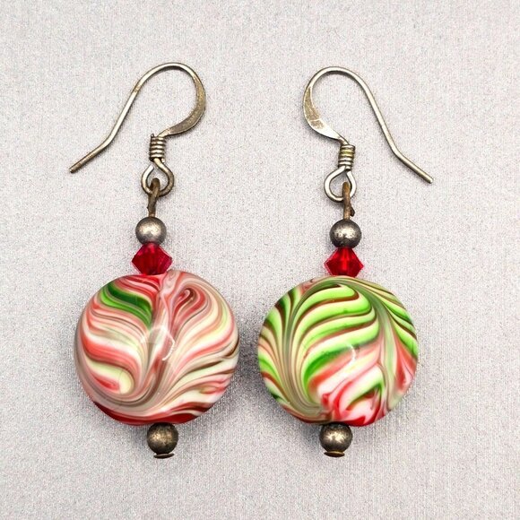 Murano Jewelry - Silver Plt? Murano Christmas-Themed Swirl Glass Bead Earrings Red Crystal Accent